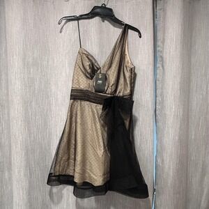 ABS Dress Womens 6 Beige Black Polka Dot One Shoulder Bow Tulle Mini Cocktail